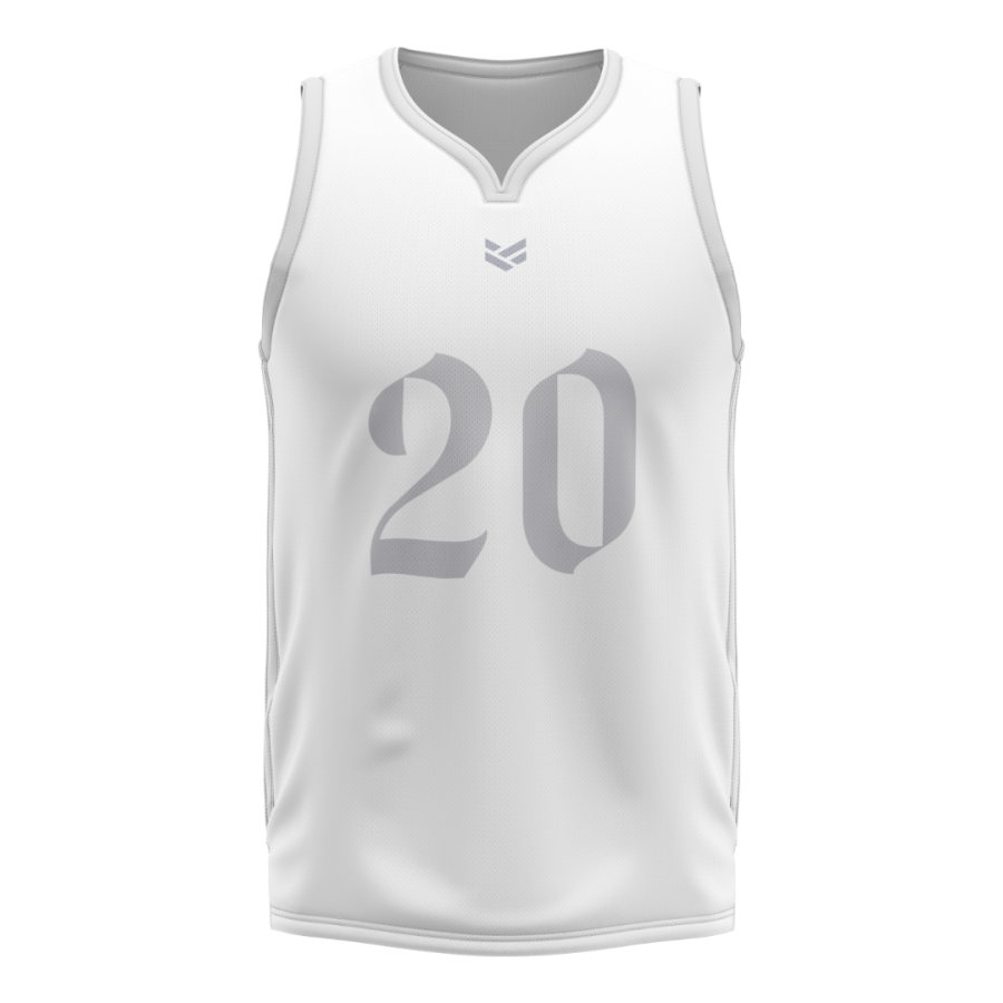 White customisable basketball vest with player number, featuring editable colours, logos and design details.