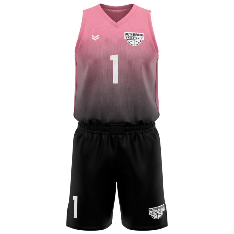 Pink and black custom basketball uniform featuring Southborough Basketball branding, player number 1 and matching shorts for women