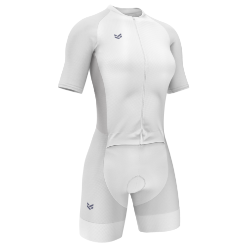 Customisable cycling skinsuit with aerodynamic fit, integrated shorts and a full-length front zip.