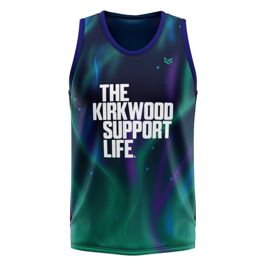 Personalised custom sports vest with an aurora-inspired blue, green and purple gradient design and printed charity branding.