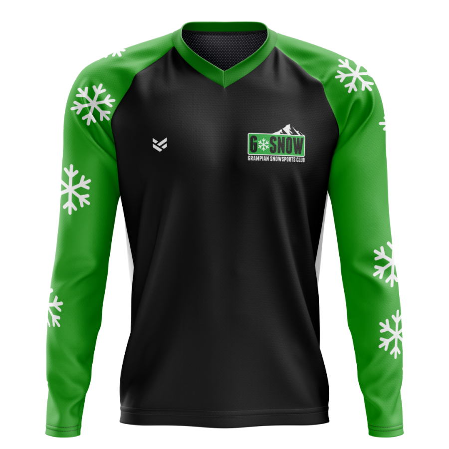 Black custom mountain bike jersey with bright green sleeves featuring white snowflake graphics, green V-neck collar and
