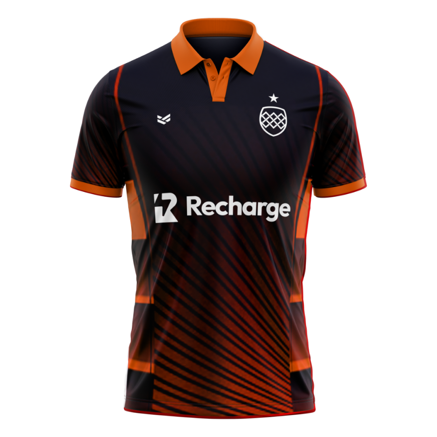 Black personalised polo shirt featuring orange performance graphics, contrast collar and lightweight sports fabric.