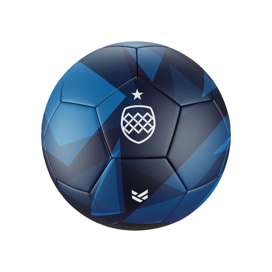 Blue custom football featuring a navy and royal blue geometric pattern with white club crest, star detail and OLIK Sport logo, designed to complement custom football shirts and custom football kits for clubs, schools and teams.