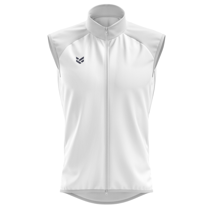 Customisable cycling gilet with team branding, lightweight protection for changing conditions.