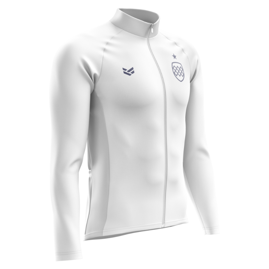 Customisable cycling thermal jacket with long sleeves, insulated fabric and full zip fastening.