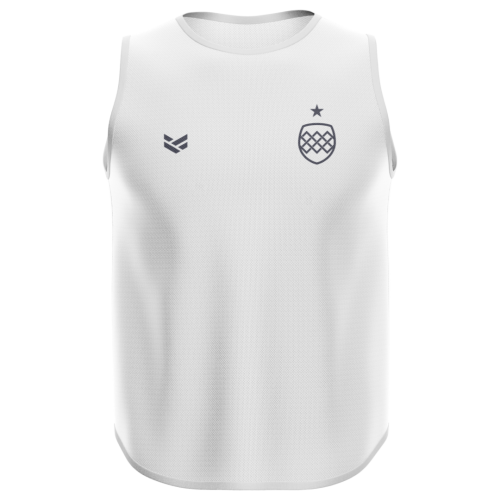 White customisable training bib with team branding, featuring editable colours, logos and design details.