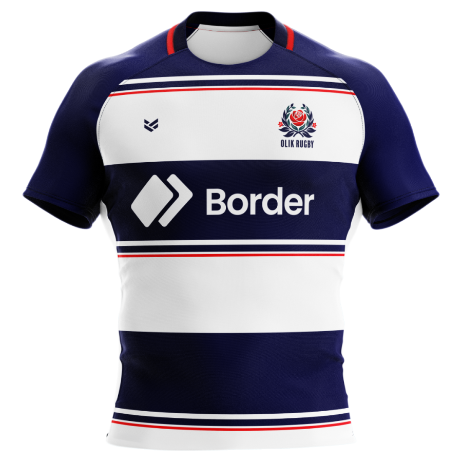 Navy and white customisable rugby shirt featuring wide horizontal hoops, thin red pinstripes, navy collar, OLIK Rugby crest and large Border sponsor logo. Bespoke rugby jersey with personalised colours, logos and sponsor printing.