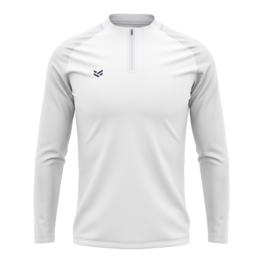 White customisable training top with quarter zip neck, featuring editable colours, logos and design details.