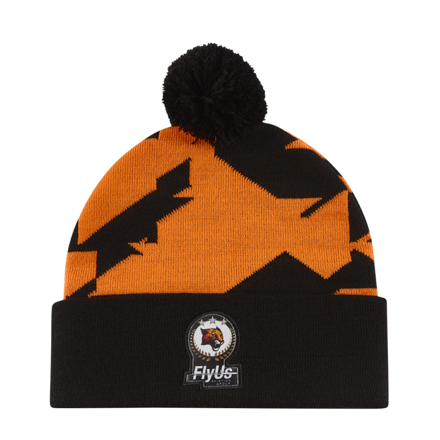 Orange and black custom beanie with bold camouflage knit pattern, black cuff, black pom pom and embroidered tiger club badge, ideal for sports clubs, supporters and branded winter teamwear.