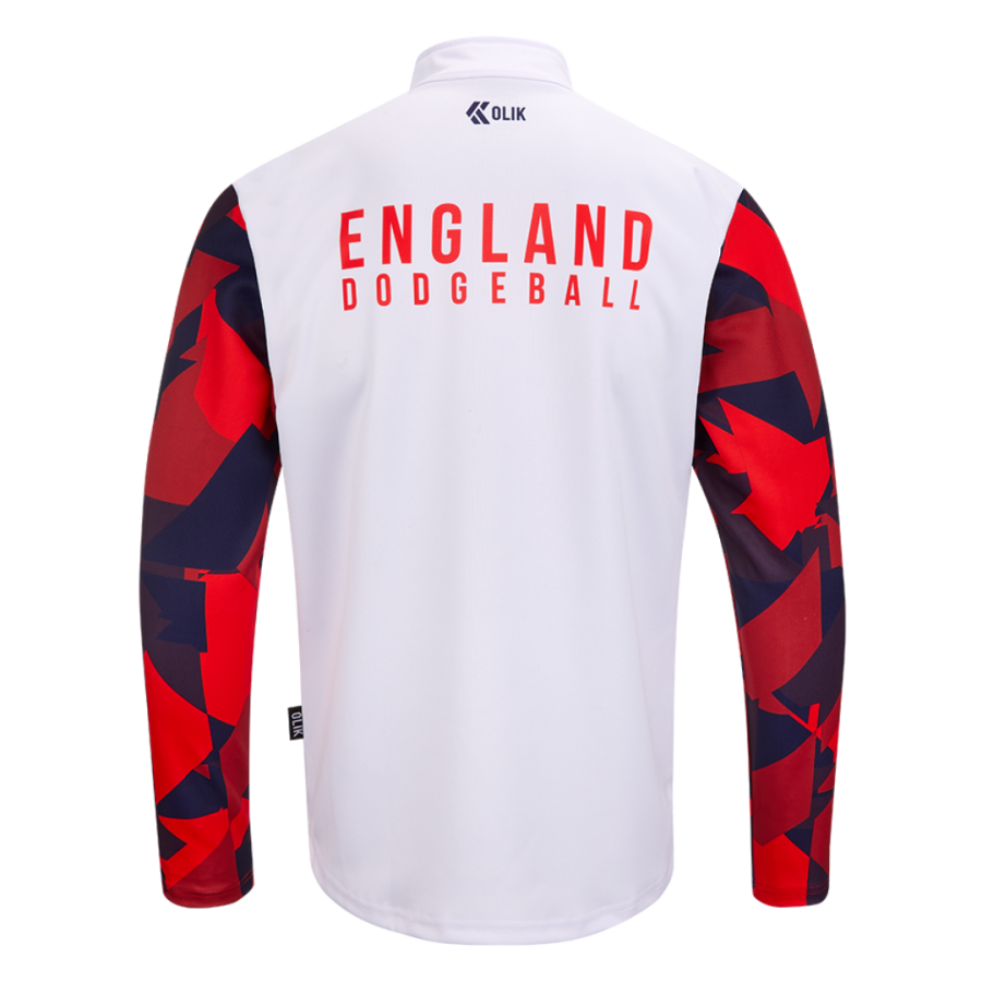 Rear view of a bespoke England Dodgeball training top with personalised name print and patterned sleeves