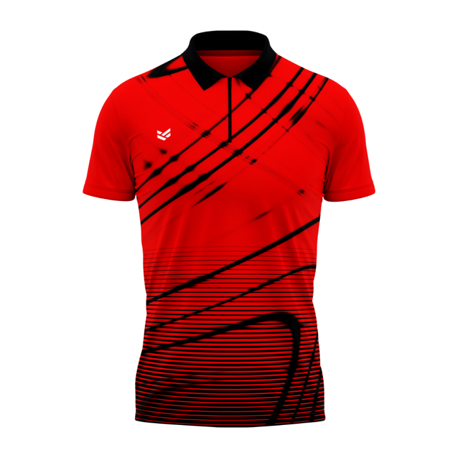 A red bespoke darts shirt with black pattern and collar with white OLIK Sport logo.