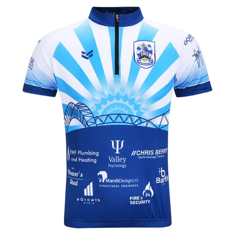Blue and white custom cycling jersey featuring a town skyline, rising sun graphic, sponsor logos and quarter zip.