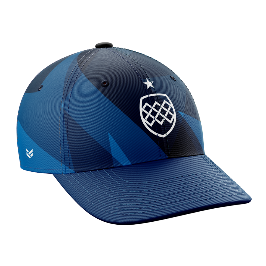 Blue custom baseball cap with a navy and royal blue geometric pattern, white club crest and star detail on the front, plus matching curved peak, perfect for teamwear, supporters and promotional branding.