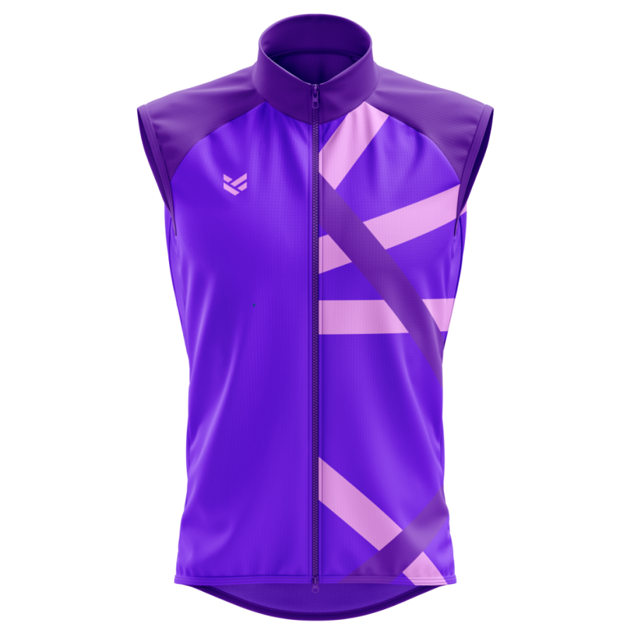 Sleeveless purple cycling gilet with a full zip, high collar and geometric pink graphics across the front.
