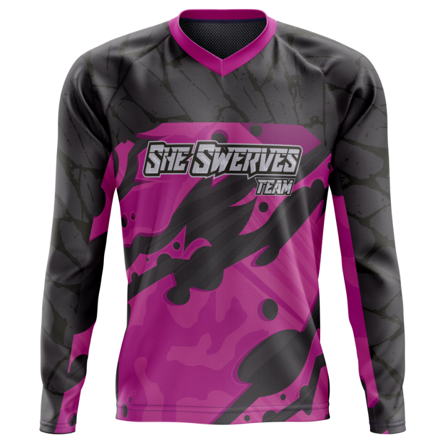 Pink and black custom mountain bike jersey with grey camouflage sleeves, black paint splash graphics,