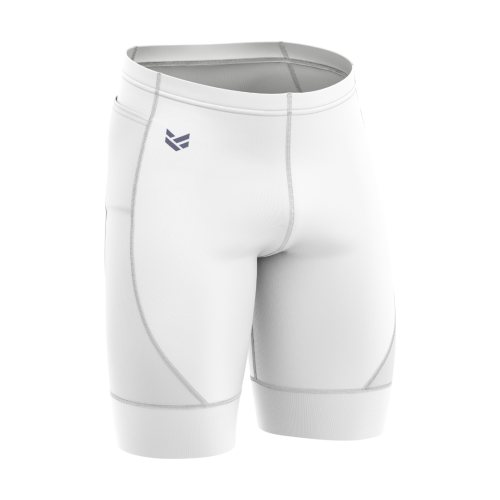 White customisable cycling shorts with compression fit, sewn-in padded saddle, and editable colours, logos and branding details.