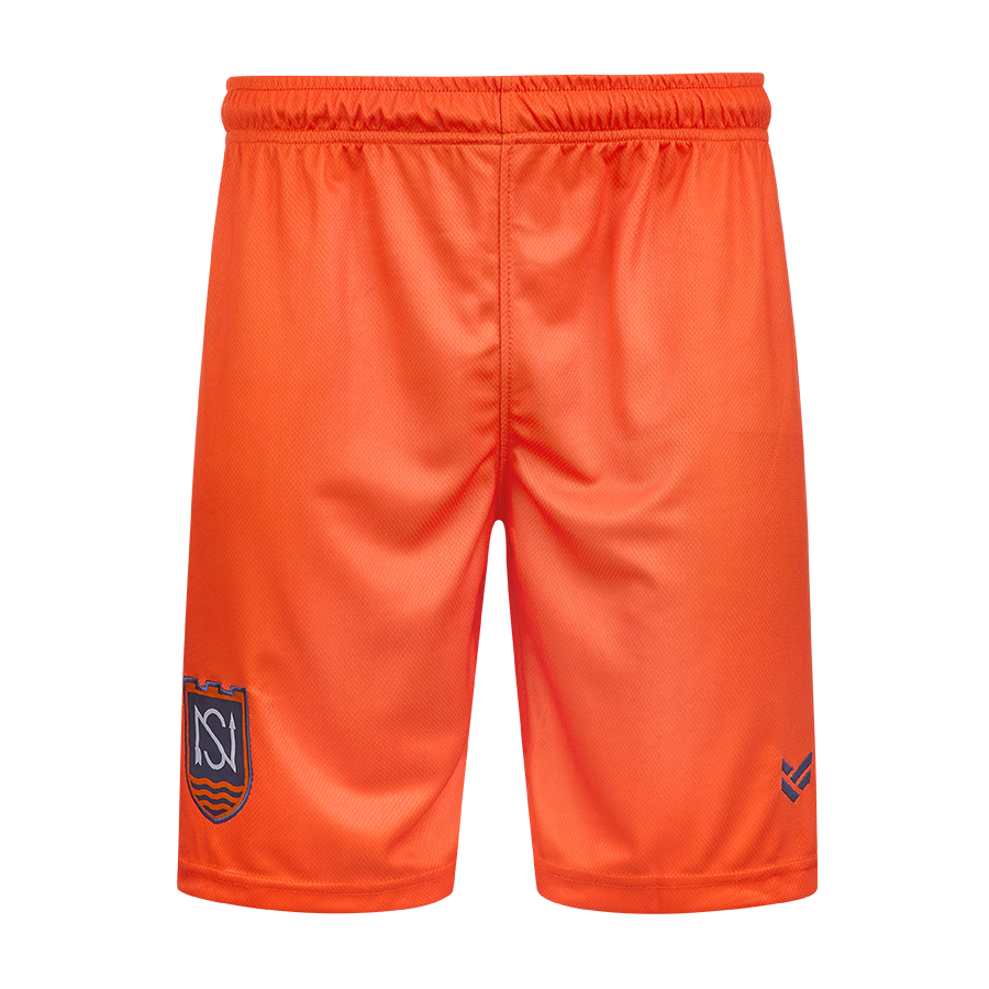 A vibrant pair of custom made shorts, featuring a black football logo on the leg.
