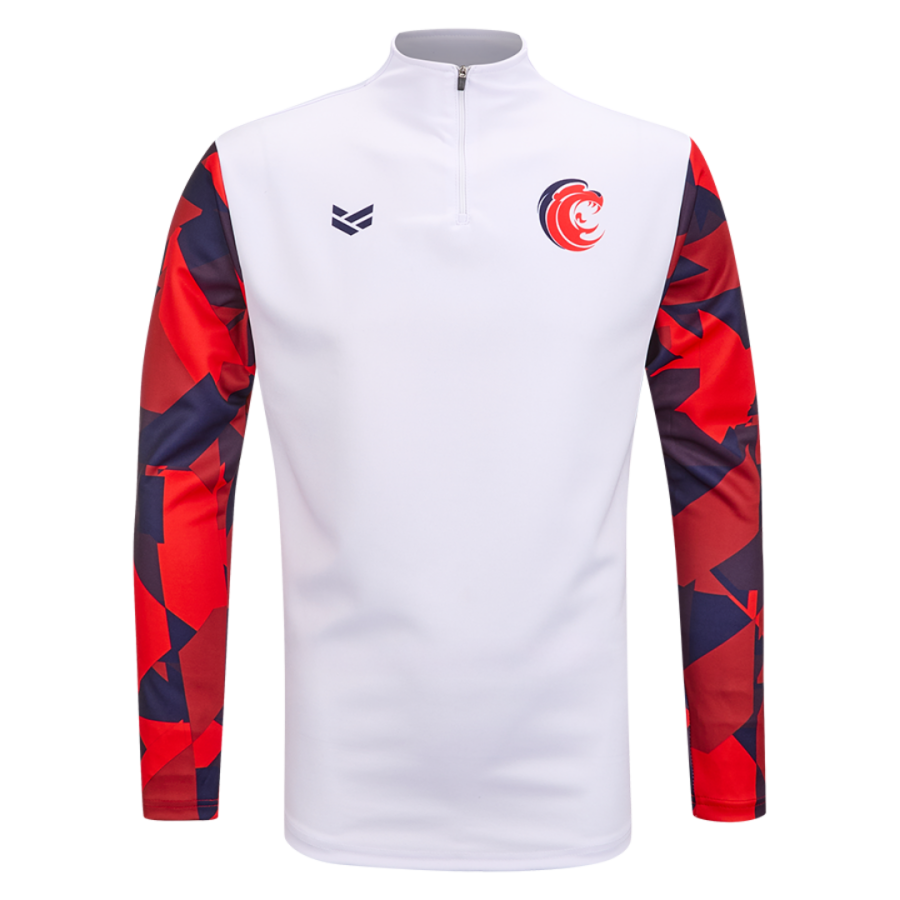White custom England Dodgeball training top with patterned red sleeves, quarter zip and embroidered club logo on the chest