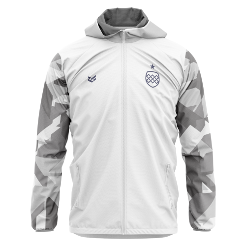 Customisable fixed template windbreaker jacket with hood, full zip front and geometric sleeve pattern.