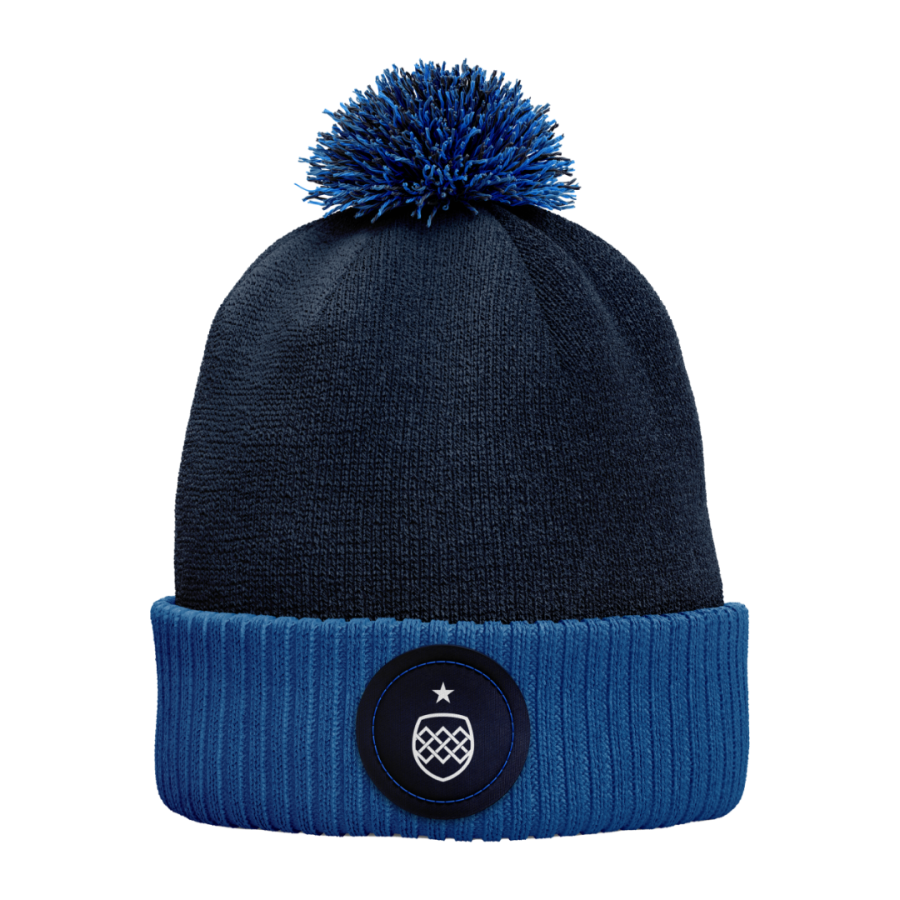 Navy and royal blue custom beanie with ribbed blue cuff, matching blue pom pom and woven club badge on the front, designed for sports teams, fan merchandise and personalised club apparel.