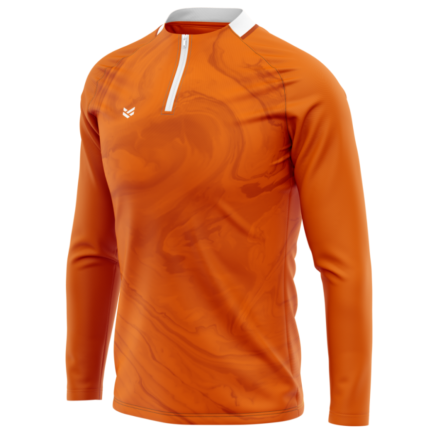 Orange custom training top with subtle marbled pattern, long sleeves and quarter zip for personalised teamwear.