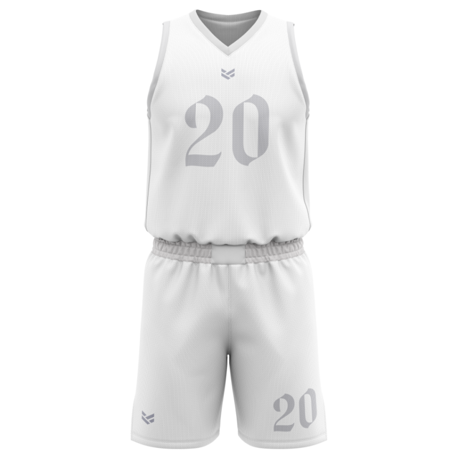 White customisable basketball kit including vest and shorts, with editable colours, numbers and team branding.