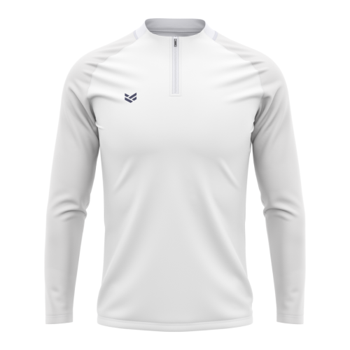 White customisable training top with quarter zip neck, featuring editable colours, logos and design details.