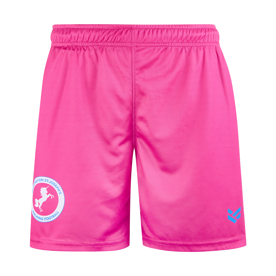 A pair of bright pink custom womens football shorts. Their is a logo on the right leg featuring a unicorn.