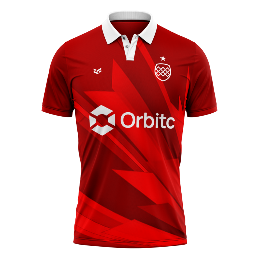 Red custom polo shirt with angular graphics, contrast white collar and sponsor logo for clubs, teams and events.