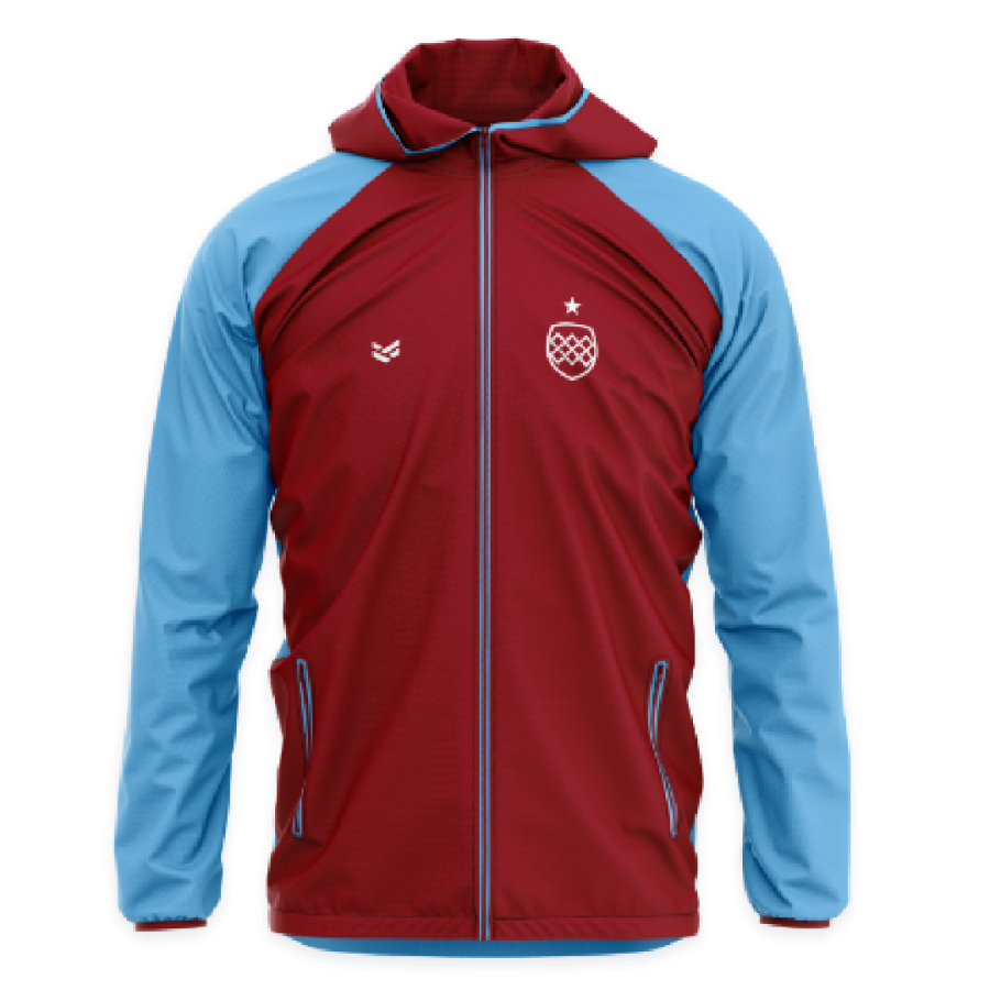 Custom hooded windbreaker in burgundy and sky blue with full zip, team crest and lightweight performance fabric.