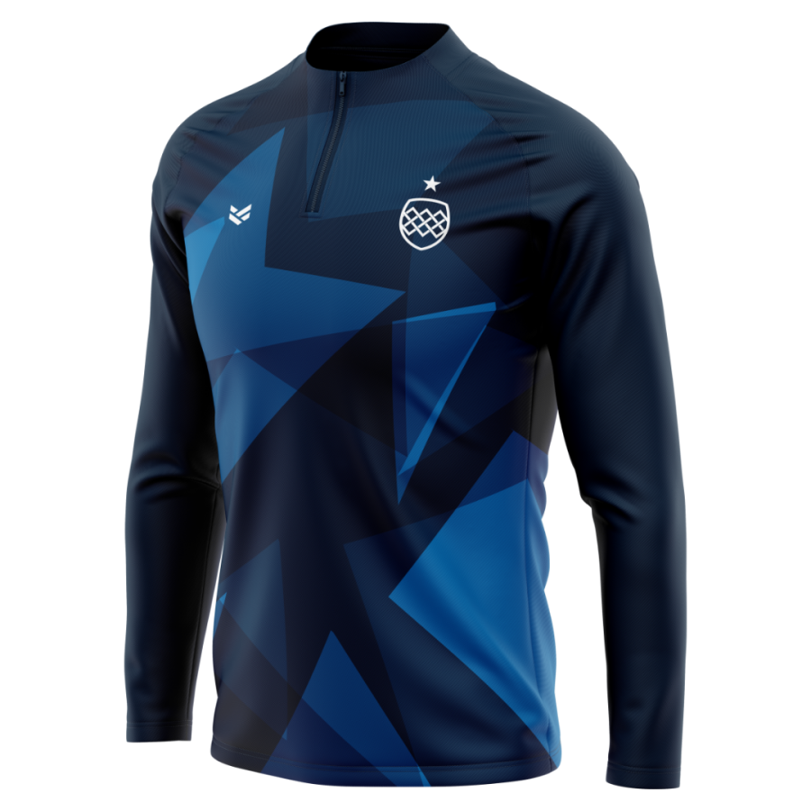 Bespoke navy blue long sleeve training top with blue geometric design, quarter zip and personalised team crest for clubs.