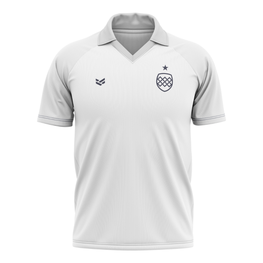 Customisable cricket shirt with team logo and colours, designed for clubs, schools and leagues.
