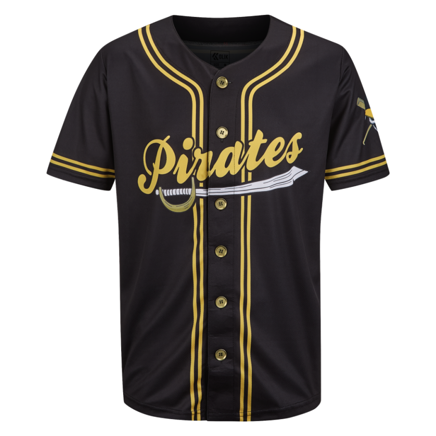 Gold piping frames this black baseball jersey, while a pirate sword graphic cuts through the large Pirates wordmark on the front.