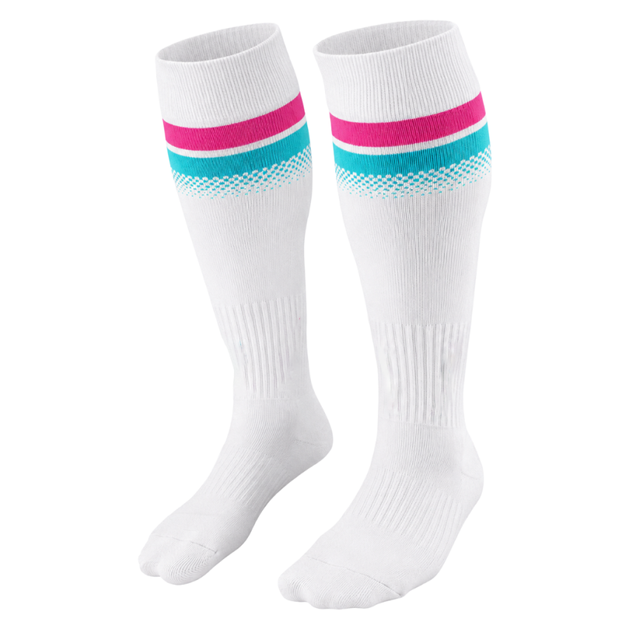 White customisable football socks with pink and turquoise stripe detail, ideal for personalised team strips.