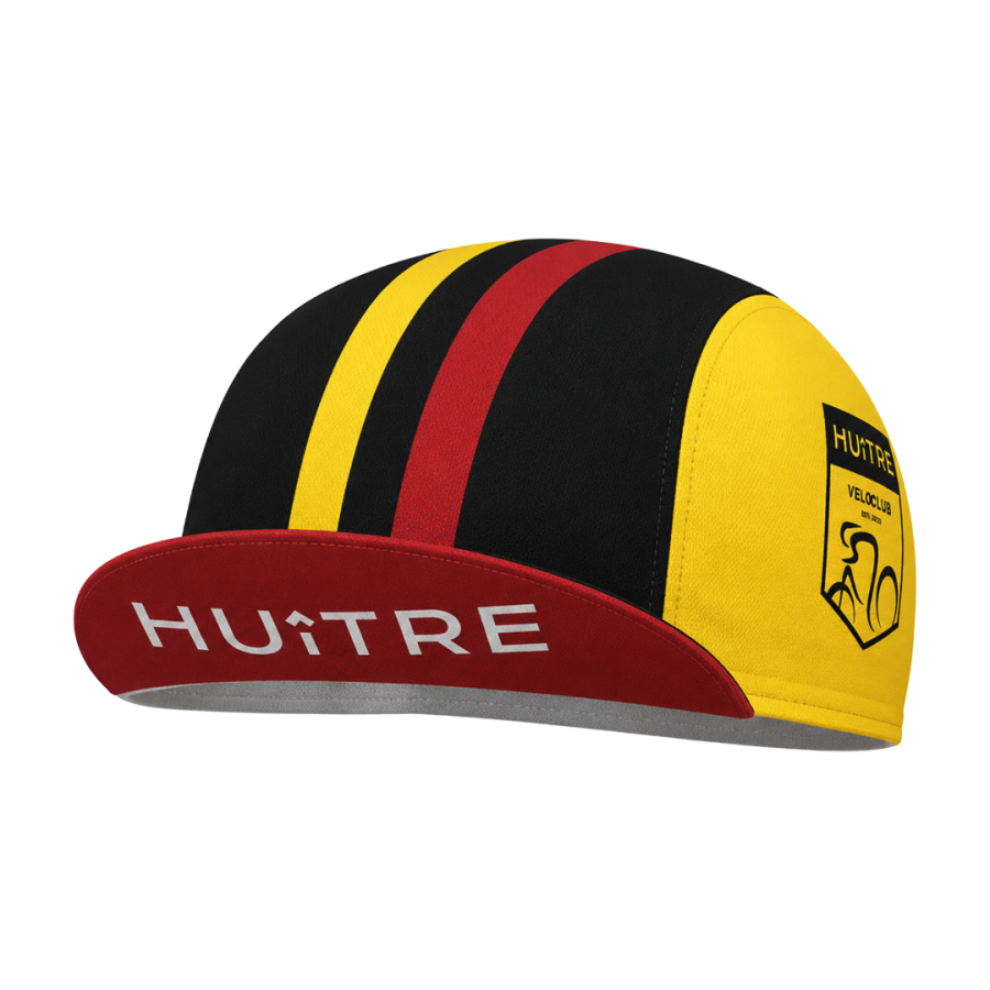 Yellow cycling cap finished with red and black racing stripes, a matching peak and printed club crest on the side panel.