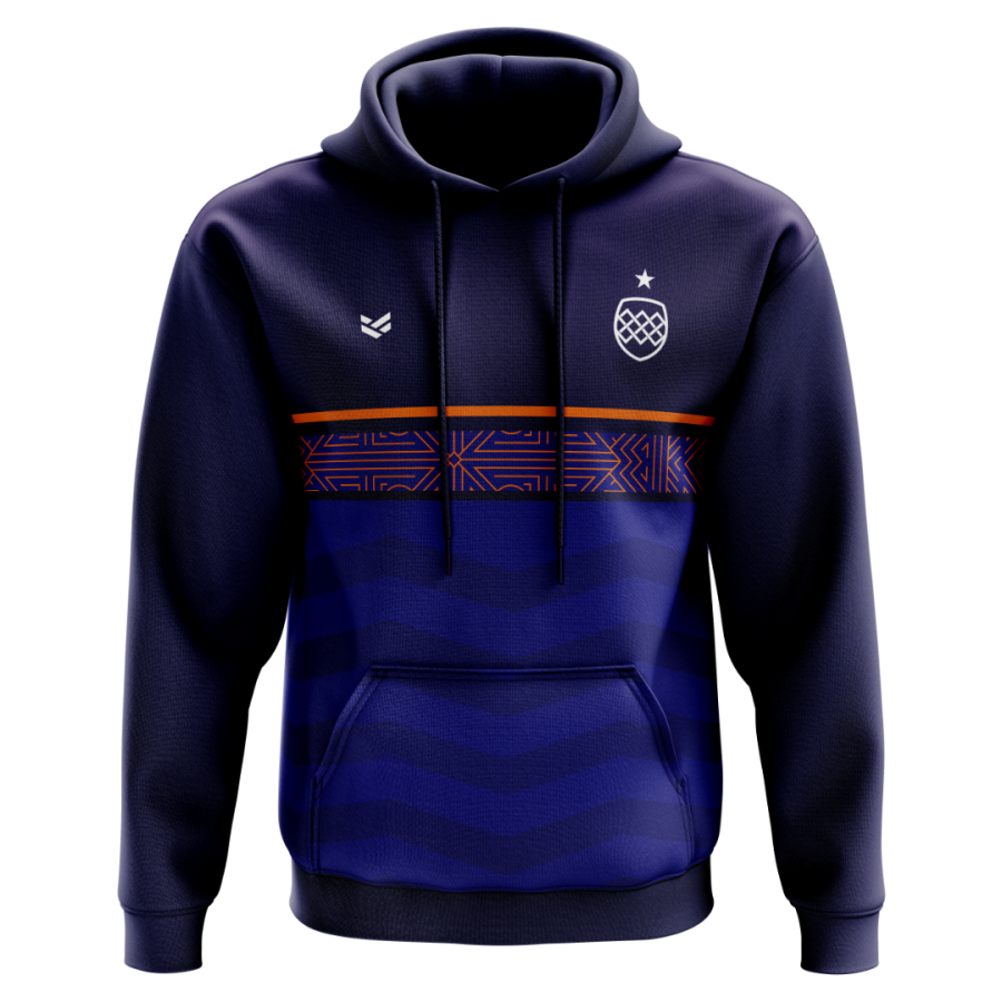 Navy personalised pullover hoodie with an orange geometric chest band, embroidered crest and contrast drawstrings.