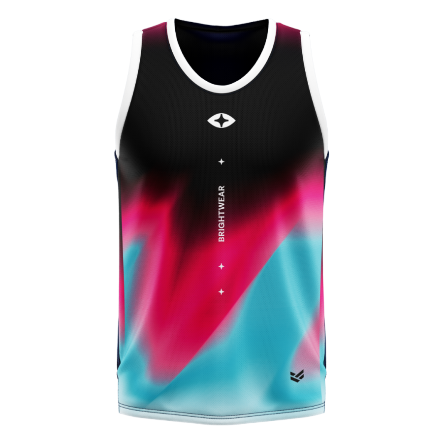 Custom sports vest featuring a black base with vibrant pink and cyan abstract graphics, fully personalised with team colours and branding.