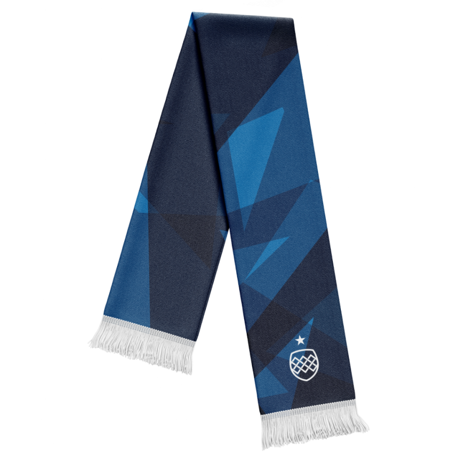 Custom knitted scarf with navy and royal blue geometric panels, white tassels and a white woven club crest with a single star near one end. Personalised supporter scarf designed for football clubs, rugby teams and sports organisations.