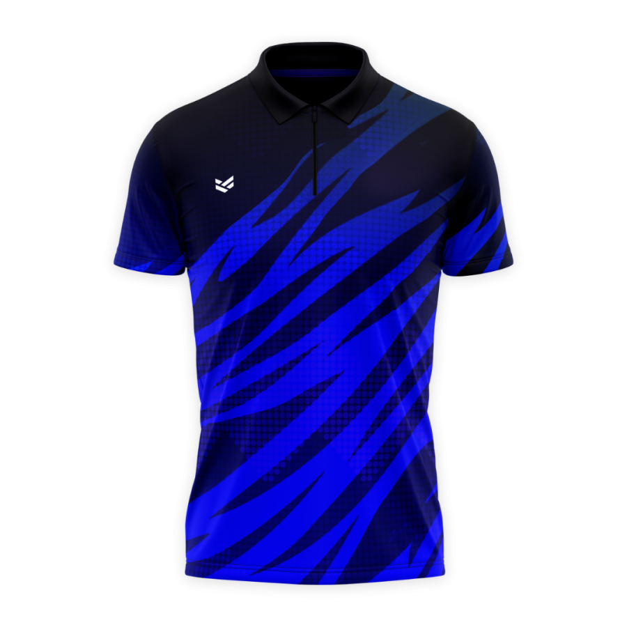 A black and blue tiger-striped darts shirts customised to the client