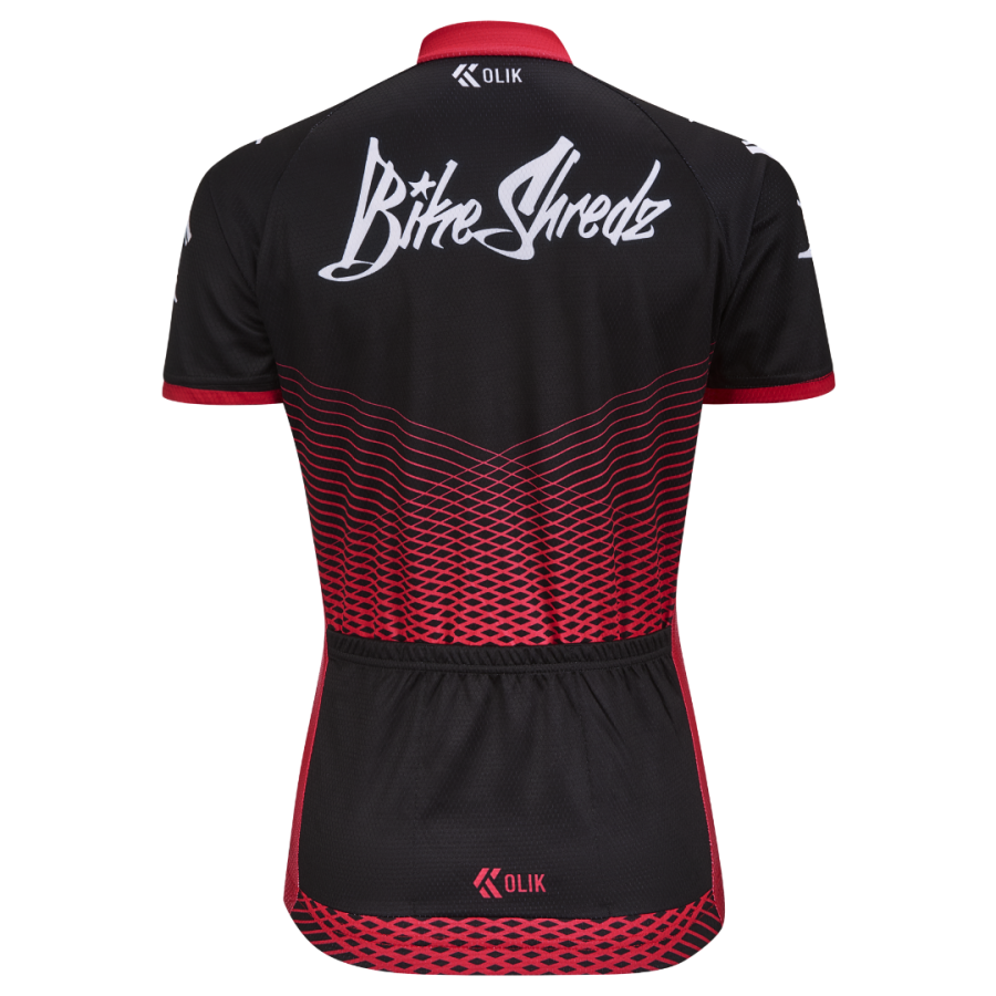 Rear view showing Bike Shredz branding above three rear pockets on a black and red cycling jersey.