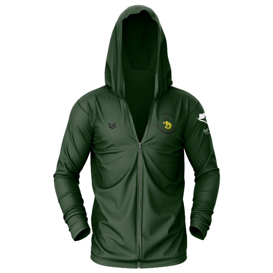 Forest green custom hooded tracksuit top with a full-length zip, Shoreham RFC crest and lightweight performance fabric.