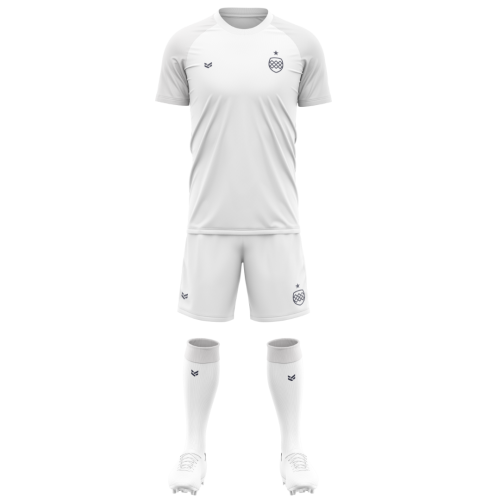 White customisable football kit including shirt, shorts and socks, with editable colours, logos and design details.