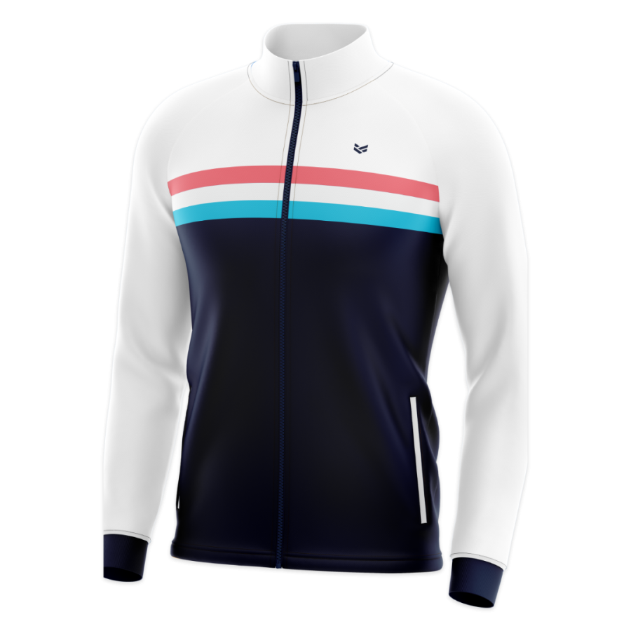 Custom tracksuit top in white and navy with coral and turquoise chest stripes, full zip front and high performance collar.