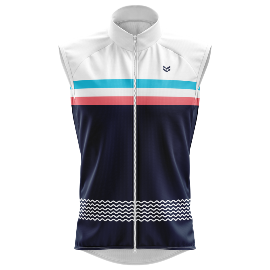 White and navy cycling gilet featuring coral and turquoise chest stripes with a full-length zip and high neck.