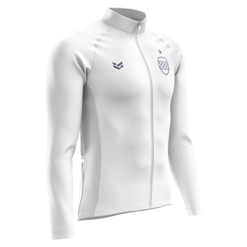 Customisable cycling thermal jacket with long sleeves, insulated fabric and full zip fastening.