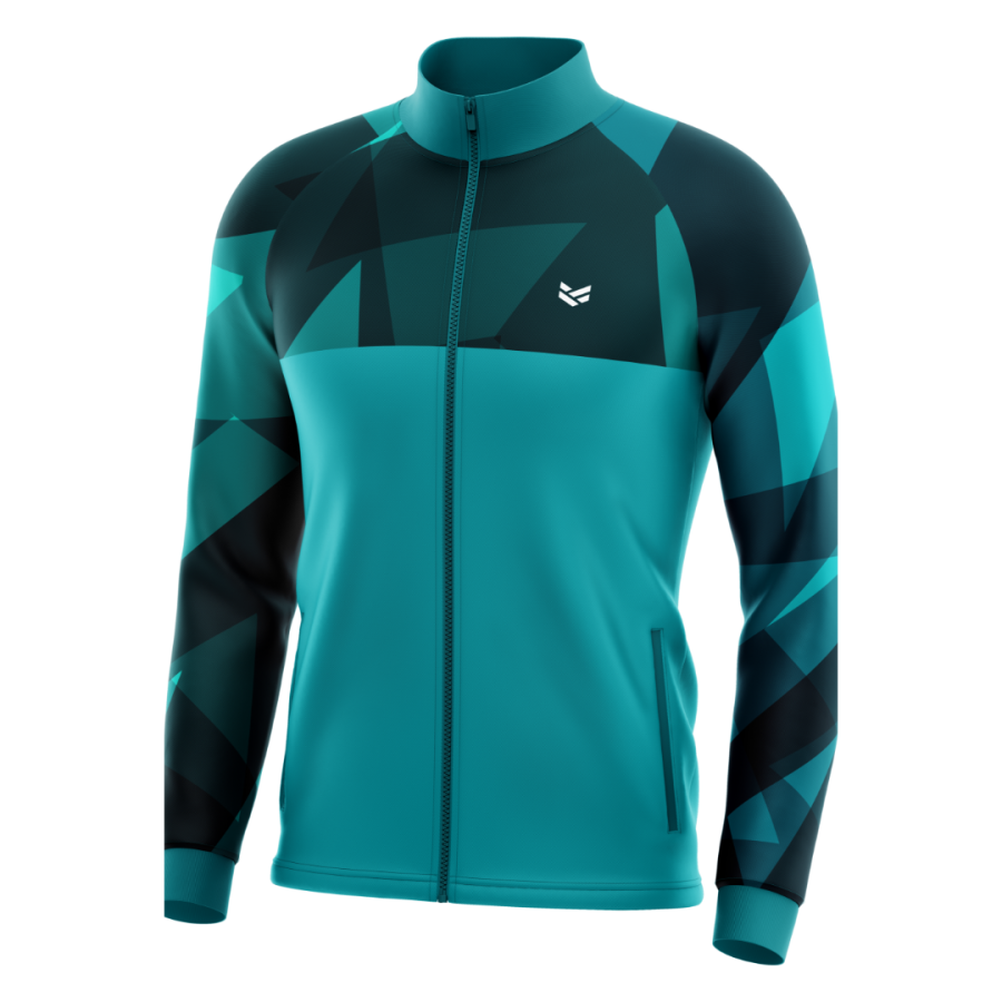 Custom tracksuit top in teal with geometric sleeve pattern, full zip front, high collar and fully custom printed design.