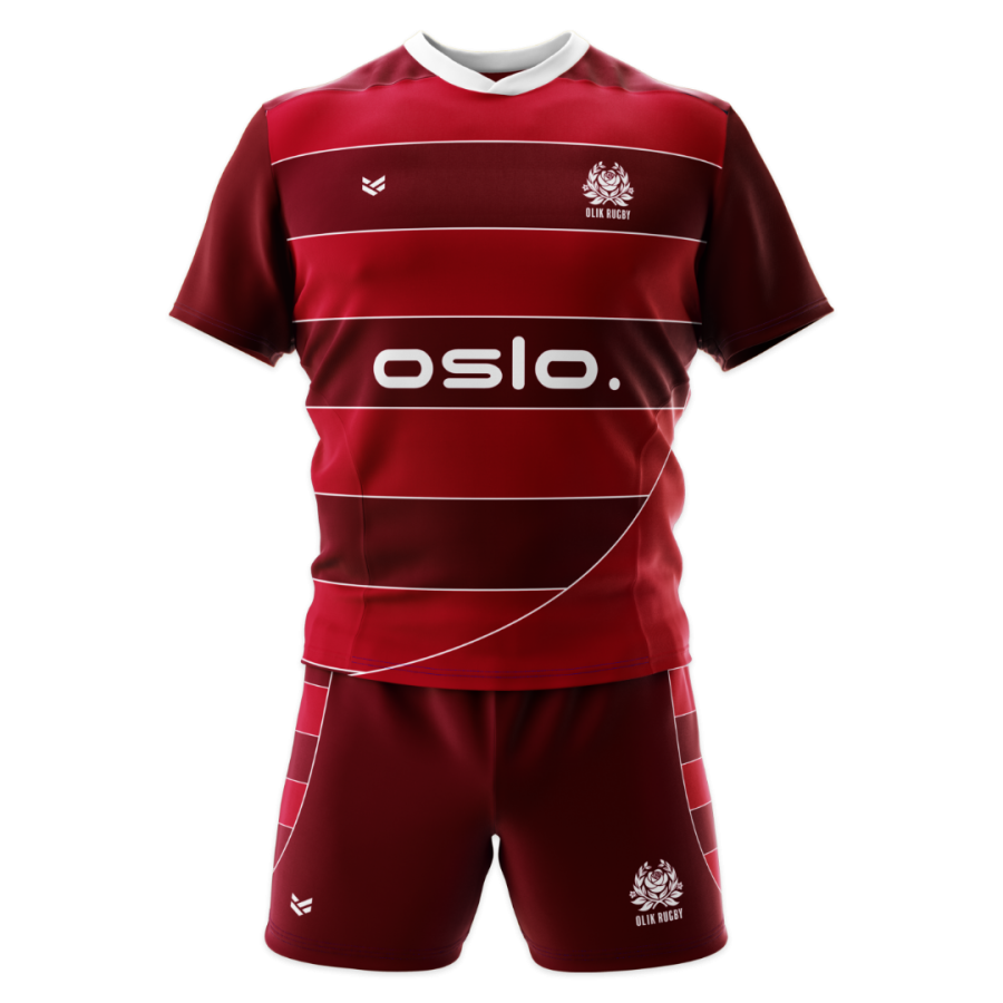 Red customisable rugby shirts and shorts with fine white pinstripes, curved white side graphics, white collar, OLIK Rugby crest, Oslo sponsor logo and matching red shorts with coordinated side detailing. Personalised rugby kit for clubs and teams.