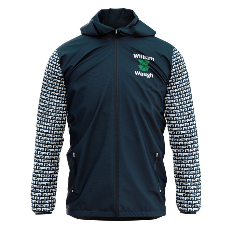 Bespoke navy hooded windbreaker with branded patterned sleeves, full zip and custom club logo.