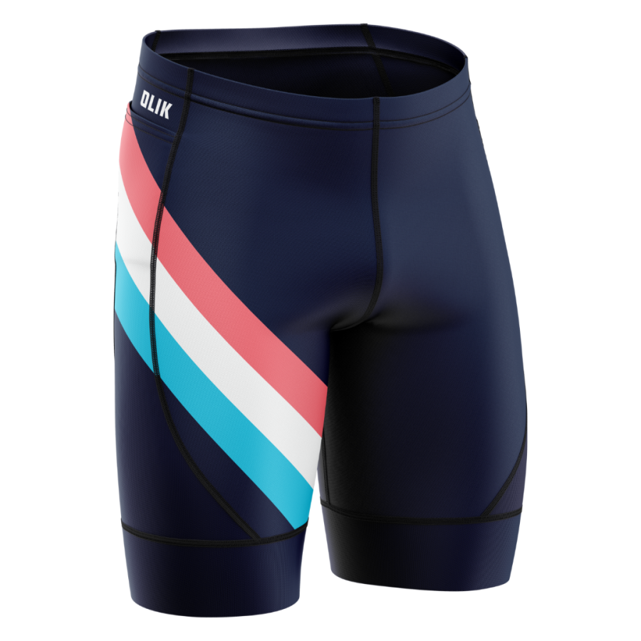 Bespoke navy custom triathlon shorts featuring diagonal team colours and compression fit for racing and training.