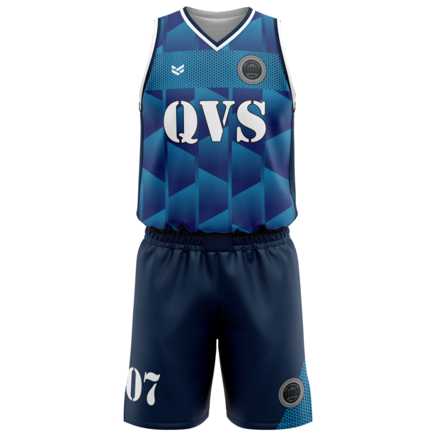 Blue geometric custom basketball kit with QVS lettering, number 07 shorts and sublimated pattern, ideal for basketball clubs, academies and university teams.